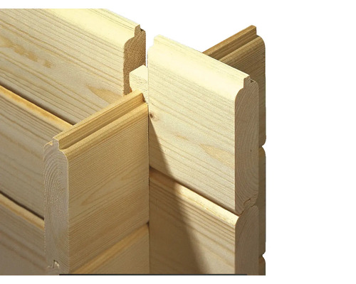 Detailansicht einer Eckverbindung aus Holzbohlen