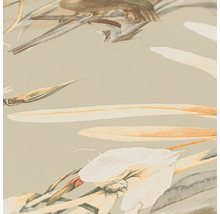 Nahaufnahme einer Tapete mit Blumen- und Vogelmotiven
