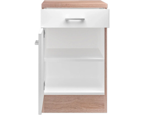 Offener Badezimmerunterschrank mit Schublade und zwei Regalböden