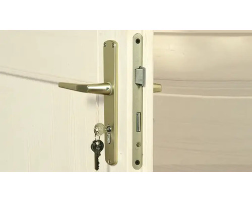 Tür mit goldenem Türdrücker und Schlüssel