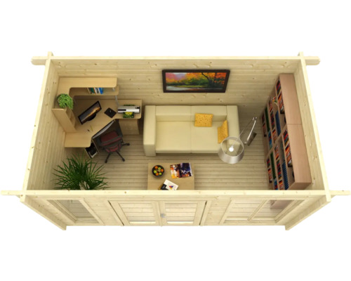 Vue intérieure d''une maison en bois avec bureau, canapé et bibliothèque