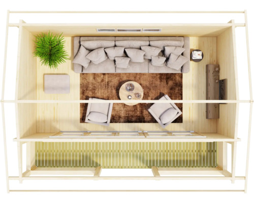 Vue plongeante d''une maison de jardin en bois avec canapé, fauteuils et tapis