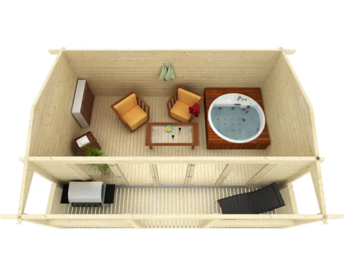 Vue intérieure d''une maison en bois avec bain à remous et meubles