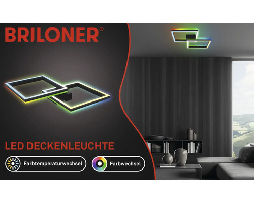 Briloner Logo. LED Deckenleuchte mit Farbwechsel und Farbtemperaturwechsel im Wohnzimmer.