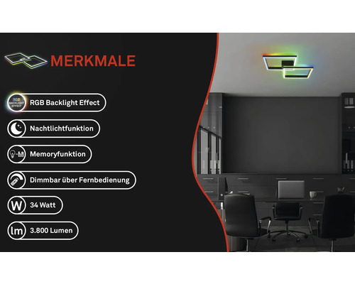 Deckenleuchte mit RGB Hintergrundbeleuchtung, Nachtlichtfunktion, Memoryfunktion und Fernbedienung im Büro
