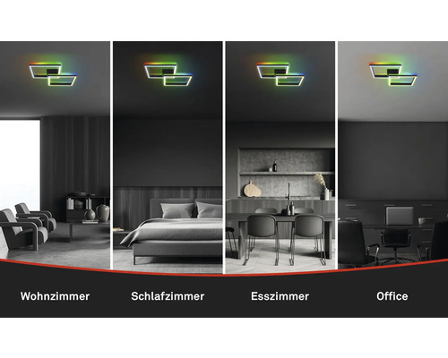 LED Deckenleuchte in verschiedenen Wohnbereichen wie Wohnzimmer, Schlafzimmer, Esszimmer und Büro.