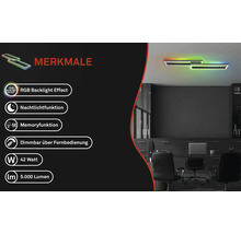 Merkmale der Bürolampe mit RGB Hintergrundbeleuchtung, Nachtlichtfunktion, Memoryfunktion, Dimmbarkeit per Fernbedienung, 42 Watt und 5.000 Lumen.