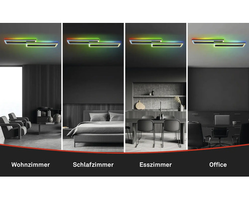 Mehrfachansicht einer modernen LED Deckenleuchte in Wohnzimmer, Schlafzimmer, Esszimmer und Büro.