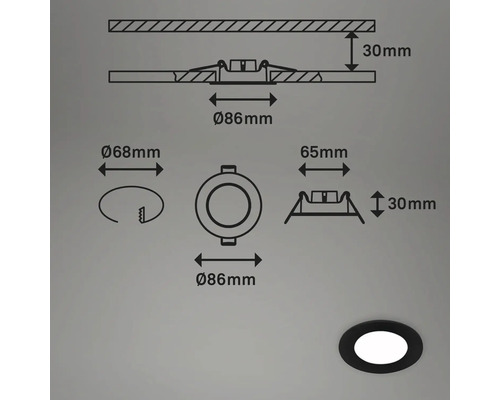 Technische Zeichnung einer runden Einbauleuchte mit den Maßen 86 Millimeter Durchmesser und 30 Millimeter Höhe