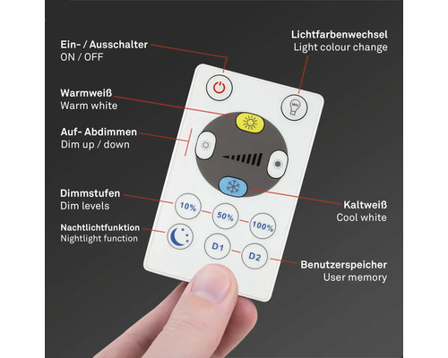 Weisse Fernbedienung für Beleuchtung mit mehreren Tasten zur Steuerung von Lichtfarbe und Helligkeit.