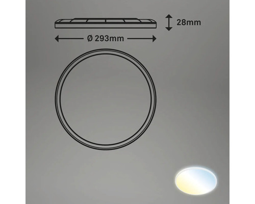 Dessin technique d''un plafonnier rond mesurant 293 millimètres de diamètre et 28 millimètres de hauteur
