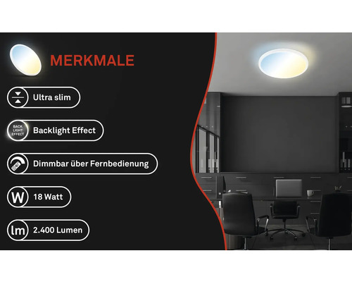 Abbildung einer Büroszene mit einer runden, ultraflachen Deckenleuchte mit Hintergrundbeleuchtung, die mit einer Fernbedienung dimmbar ist, 18 Watt und 2400 Lumen