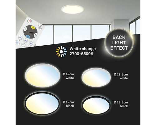 Plafonnier LED avec télécommande, température de couleur réglable de 2700 à 6500 Kelvin, effet de rétroéclairage, diamètre 42 centimètres et 29,3 centimètres, cadre en noir et blanc