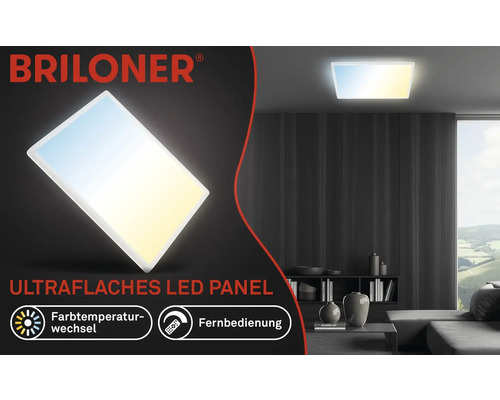 Briloner Logo. Flaches LED Panel mit einstellbarer Farbtemperatur und Fernbedienung in einem Wohnraum.