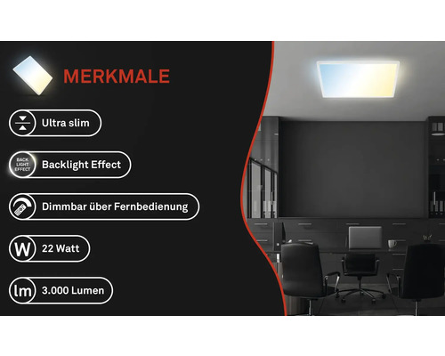 Flache LED Deckenleuchte mit 22 Watt und 3000 Lumen in einem Büro