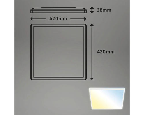 Schéma technique d''un plafonnier avec des dimensions de 420 mm x 420 mm et une hauteur de 28 mm.