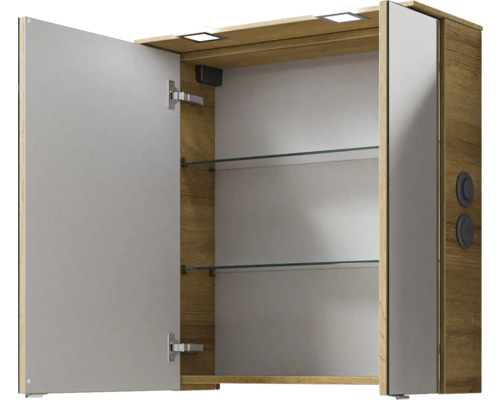 Armoire de toilette avec deux portes en verre, éclairage intérieur et étagères en verre