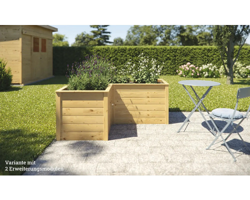 Jardin avec potager surélevé en bois et plantes