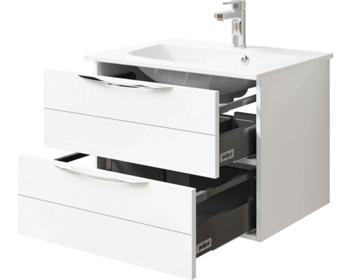 Waschtischunterschrank mit zwei offenen Schubladen und einem Waschbecken