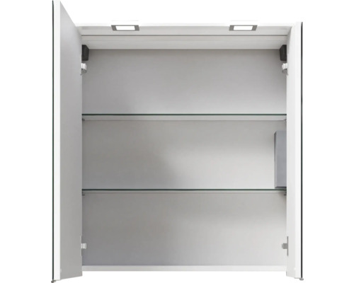 Offener Spiegelschrank mit Glasablagen und Beleuchtung