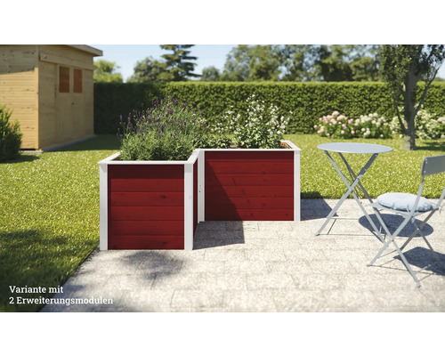 Deux jardinières en bois brun rouge avec des bordures blanches dans le jardin