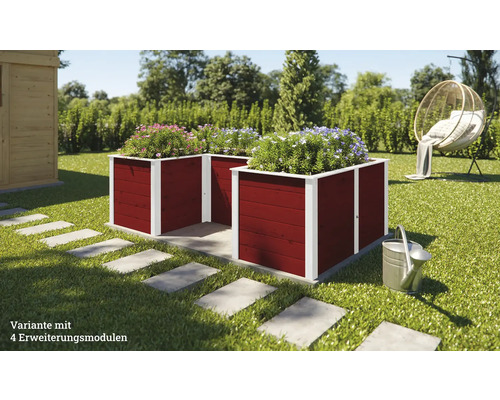 Scène de jardin avec deux bacs à fleurs en bois avec modules d''extension, plantés de fleurs