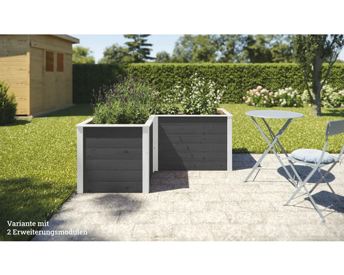 Deux jardinières surélevées en bois gris avec des plantes dans le jardin.