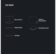 Set Inhalt: Nano Cube 30 Liter, Abdeckscheibe, Unterlage, schwarze Rückwandfolie, Einsteigerbroschüre