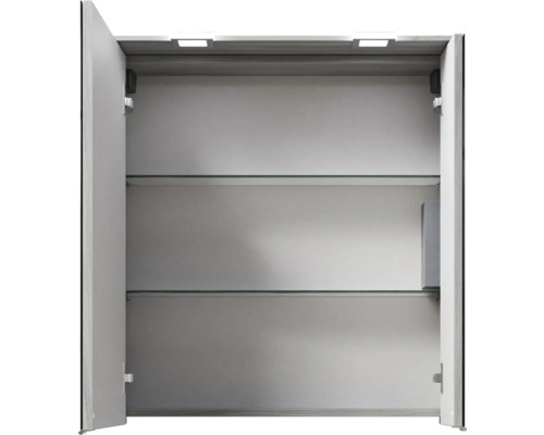 Armoire de toilette ouverte avec étagères en verre