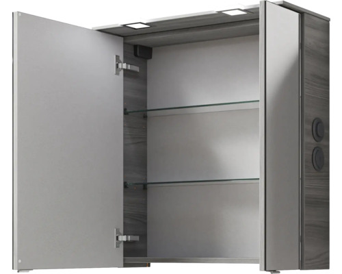 Armoire de toilette ouverte avec étagères en verre et éclairage pour la salle de bains