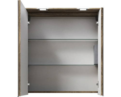 Armoire de toilette ouverte avec étagères en verre et éclairage