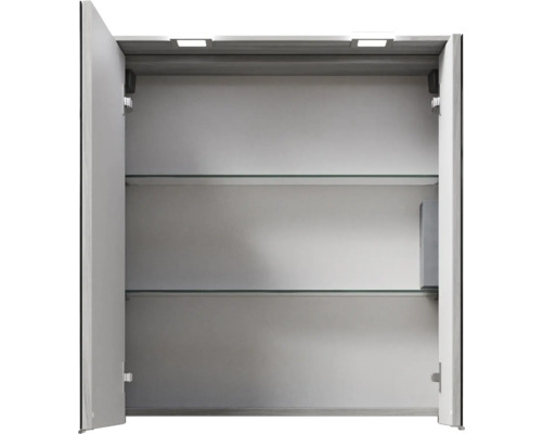 Armoire de toilette ouverte avec éclairage et étagères en verre pour la salle de bain