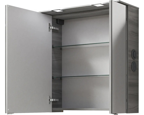 Armoire de toilette ouverte avec éclairage et étagères en verre