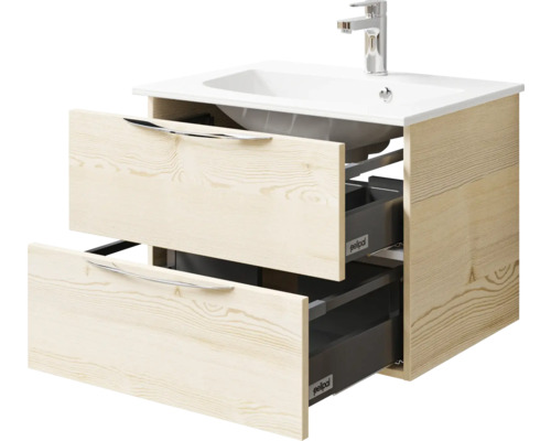 Meuble sous-lavabo avec deux tiroirs ouverts