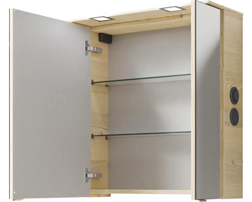 Armoire de toilette ouverte avec cadre en bois et étagères en verre