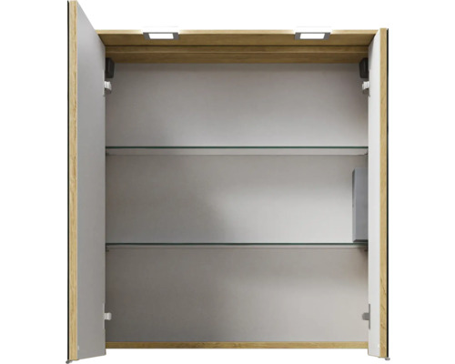 Offener Spiegelschrank mit Glasablagen und Beleuchtung