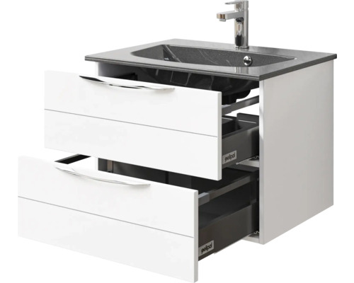 Waschtischunterschrank mit zwei offenen Schubladen, Waschbecken und Armatur