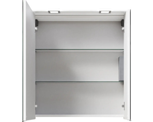 Geöffneter Spiegelschrank mit zwei Glasböden und Beleuchtung