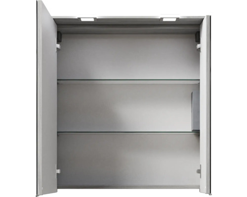 Armoire de toilette ouverte avec étagères en verre et éclairage