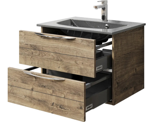 Waschtischunterschrank mit zwei offenen Schubladen, Waschbecken und Armatur