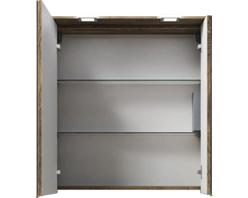 Offener Spiegelschrank mit zwei Glasböden und integrierter Beleuchtung