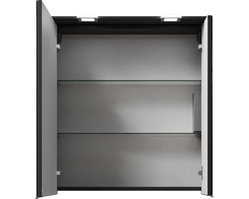 Armoire de toilette ouverte avec étagères en verre et éclairage pour la salle de bains