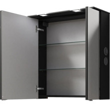 Armoire de toilette ouverte avec étagères en verre