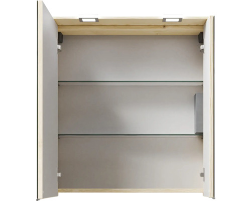 Offener Spiegelschrank mit Glasablagen und Beleuchtung