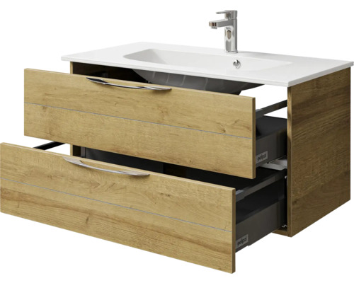 Waschtischunterschrank mit zwei offenen Schubladen und Waschbecken