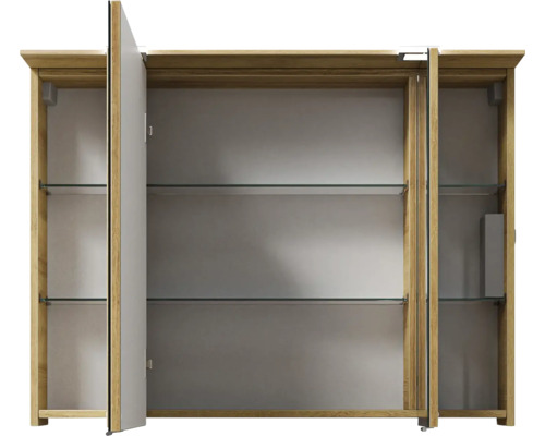 Offener Spiegelschrank mit Einlegeböden aus Glas