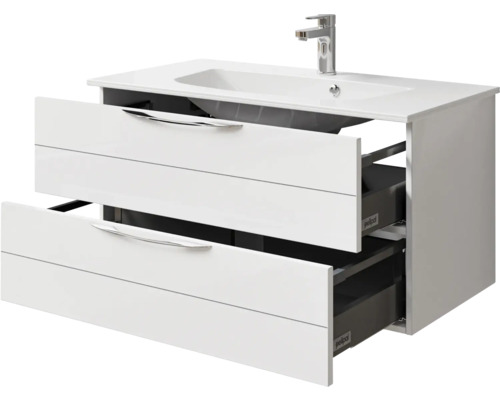 Meuble sous-lavabo avec deux tiroirs ouverts et lavabo