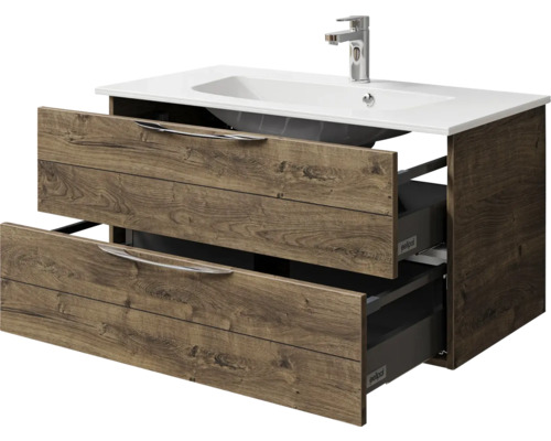 Meuble sous-lavabo avec deux tiroirs, lavabo en céramique et robinet