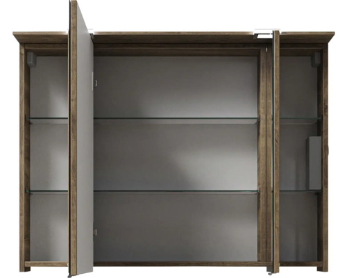 Armoire de toilette ouverte avec cadre en bois et étagères en verre