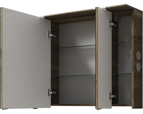 Armoire de toilette ouverte avec effet bois et étagères en verre